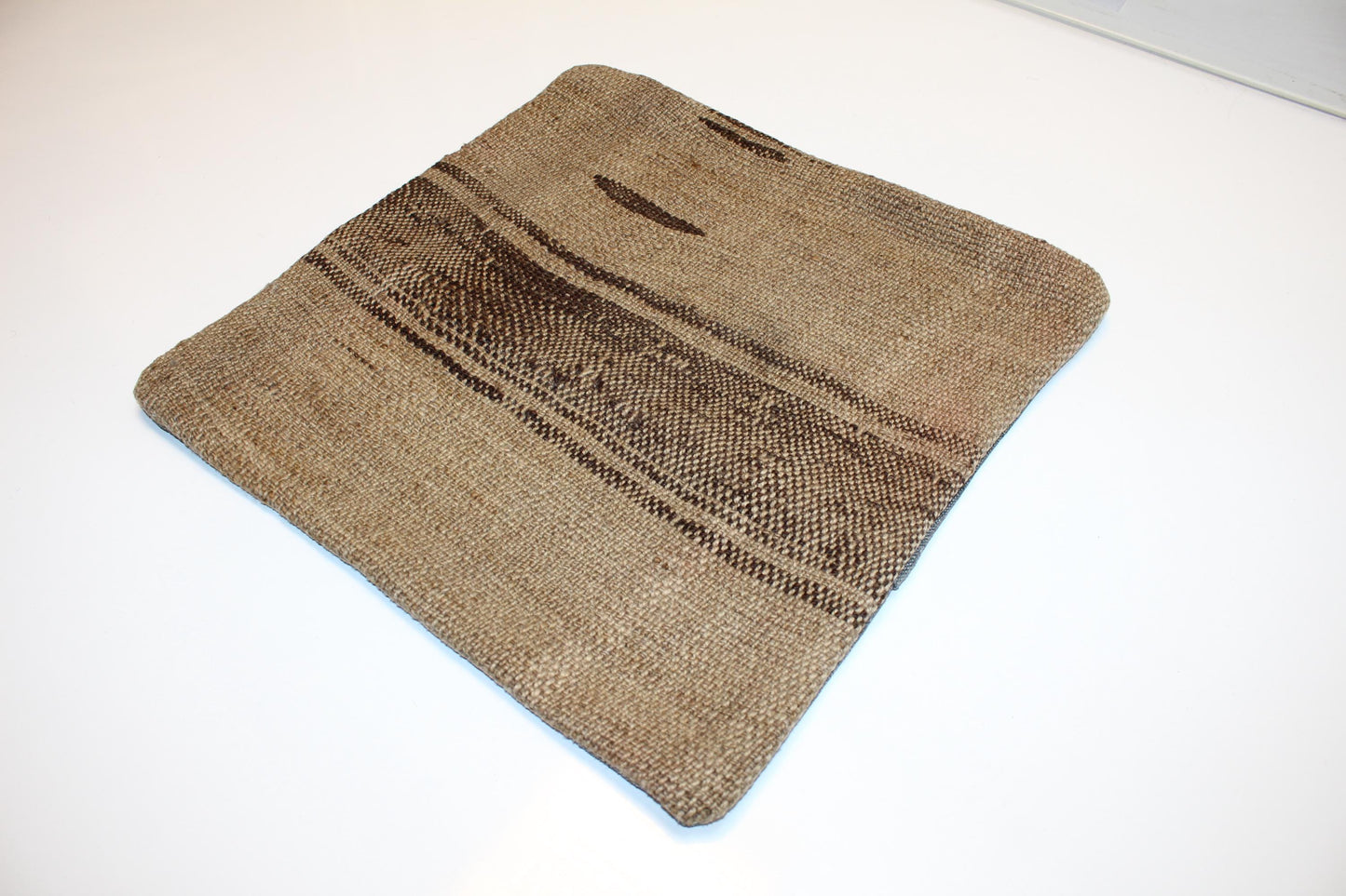 Vintage Turkish Persian Kilim Lumbar Pillow, Neutral Beige Brown Minimal Woven Cushion, Handmade Rug Pillow Cover, 16x16 inch