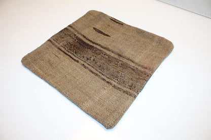 Vintage Turkish Persian Kilim Lumbar Pillow, Neutral Beige Brown Minimal Woven Cushion, Handmade Rug Pillow Cover, 16x16 inch