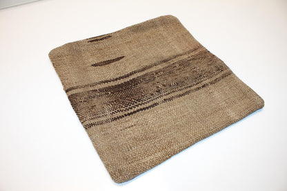 Vintage Turkish Persian Kilim Lumbar Pillow, Neutral Beige Brown Minimal Woven Cushion, Handmade Rug Pillow Cover, 16x16 inch