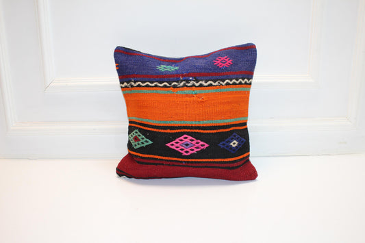 Vintage Turkish Kilim Lumbar Pillow Cover, Colorful Nomadic Stripe Cushion, Handwoven Tribal Rug Pillow, 16x16 inch