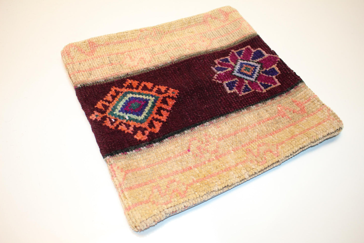 Vintage Turkish Kilim Lumbar Pillow Cover, Burgundy Band Tribal Cushion, Handwoven Anatolian Rug Pillow, 16x16 inch