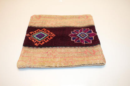 Vintage Turkish Kilim Lumbar Pillow Cover, Burgundy Band Tribal Cushion, Handwoven Anatolian Rug Pillow, 16x16 inch