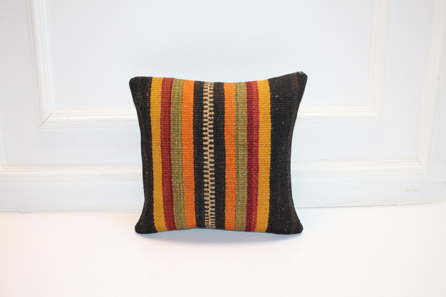Vintage Turkish Kilim Lumbar Pillow Cover, Bold Vertical Stripe Cushion, Handwoven Nomadic Rug Pillow, 16x16 inch