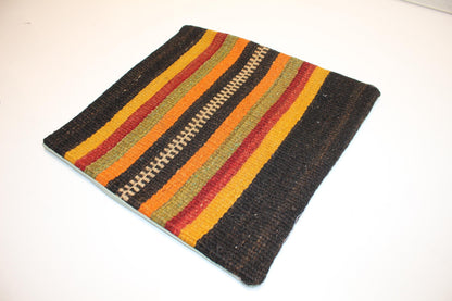 Vintage Turkish Kilim Lumbar Pillow Cover, Bold Vertical Stripe Cushion, Handwoven Nomadic Rug Pillow, 16x16 inch