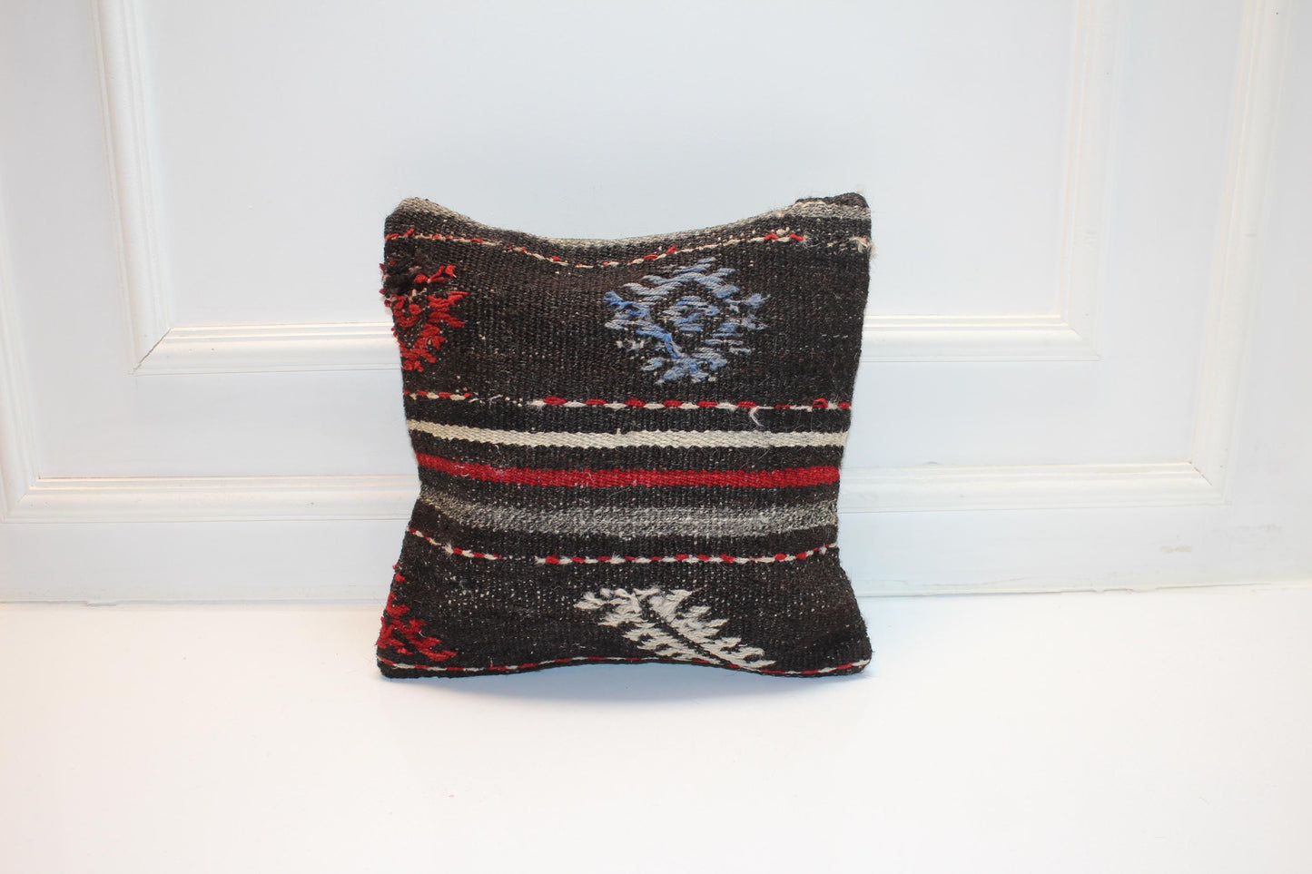 Vintage Turkish Kilim Lumbar Pillow Cover, Dark Ground Woven Cushion with Bold Accent Lines, Rustic Rug Pillow, 16x16 inch