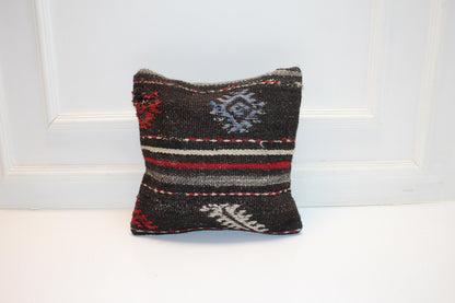 Vintage Turkish Kilim Lumbar Pillow Cover, Dark Ground Woven Cushion with Bold Accent Lines, Rustic Rug Pillow, 16x16 inch