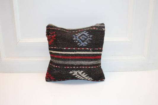 Vintage Turkish Kilim Lumbar Pillow Cover, Dark Ground Woven Cushion with Bold Accent Lines, Rustic Rug Pillow, 16x16 inch