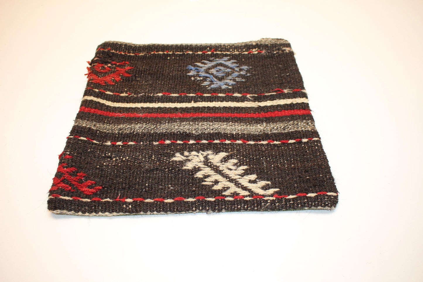 Vintage Turkish Kilim Lumbar Pillow Cover, Dark Ground Woven Cushion with Bold Accent Lines, Rustic Rug Pillow, 16x16 inch