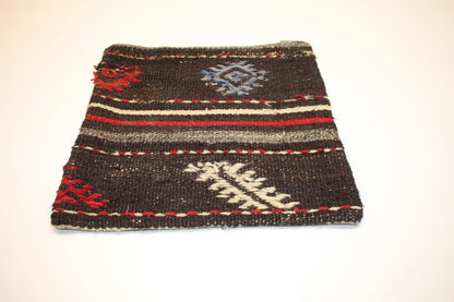 Vintage Turkish Kilim Lumbar Pillow Cover, Dark Ground Woven Cushion with Bold Accent Lines, Rustic Rug Pillow, 16x16 inch