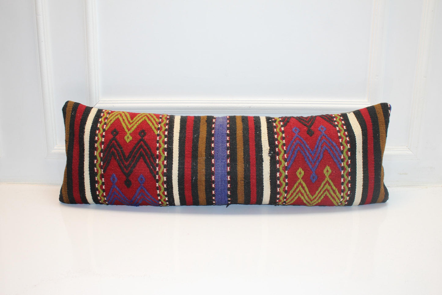 Bold Multicolor Tribal Stripe Pattern in Red, Black & Mustard, Handmade Wool Rug Textile