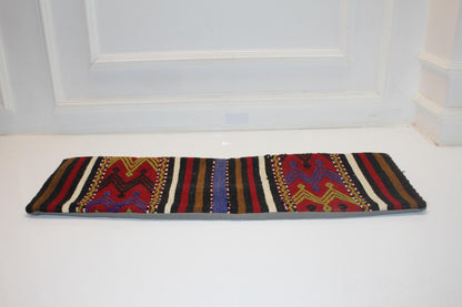Bold Multicolor Tribal Stripe Pattern in Red, Black & Mustard, Handmade Wool Rug Textile