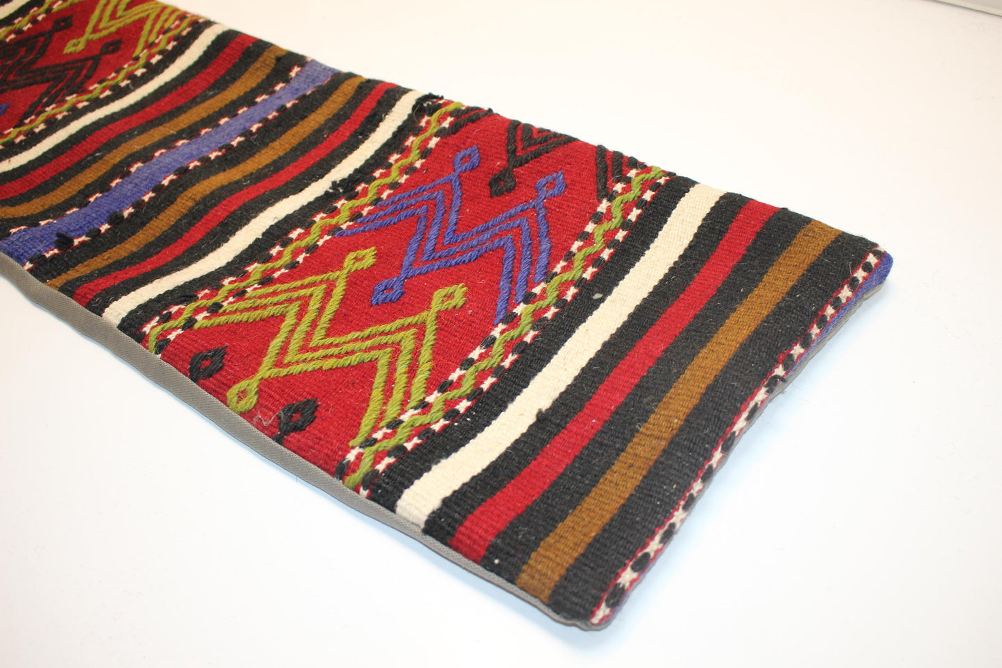 Bold Multicolor Tribal Stripe Pattern in Red, Black & Mustard, Handmade Wool Rug Textile