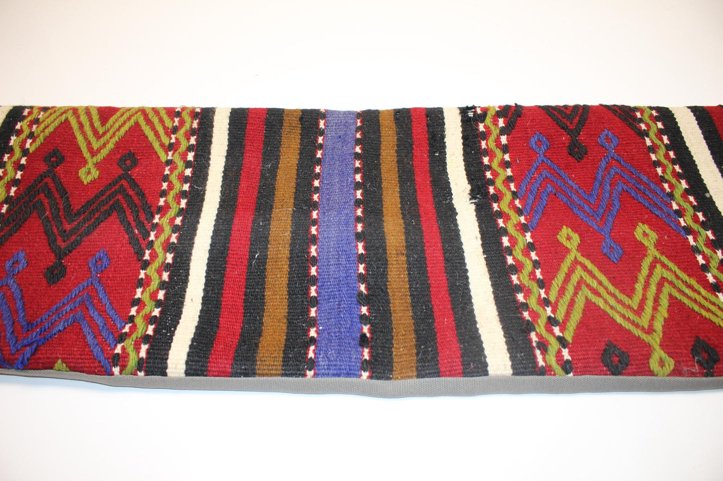 Bold Multicolor Tribal Stripe Pattern in Red, Black & Mustard, Handmade Wool Rug Textile