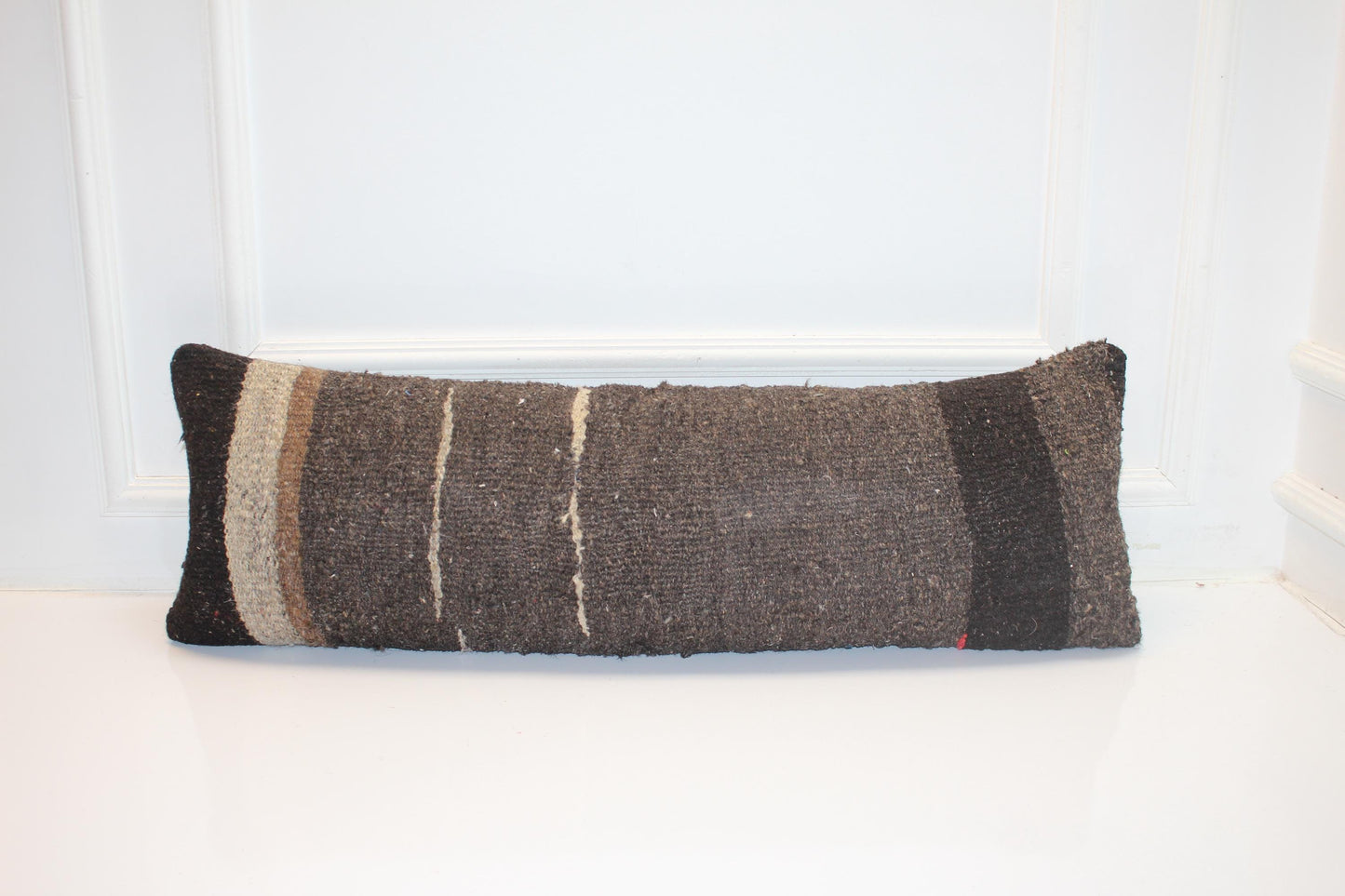 Natural Brown & Cream Earthy Stripe Wool Textile, Handmade Rustic Rug Cushion