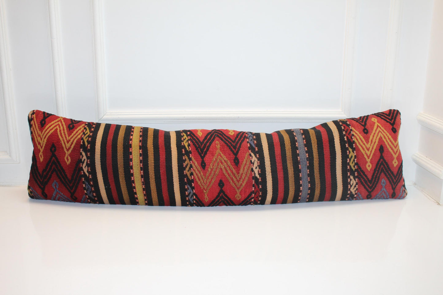 Vibrant Red Tribal Chevron & Stripe Wool Textile, Handmade Boho Rug