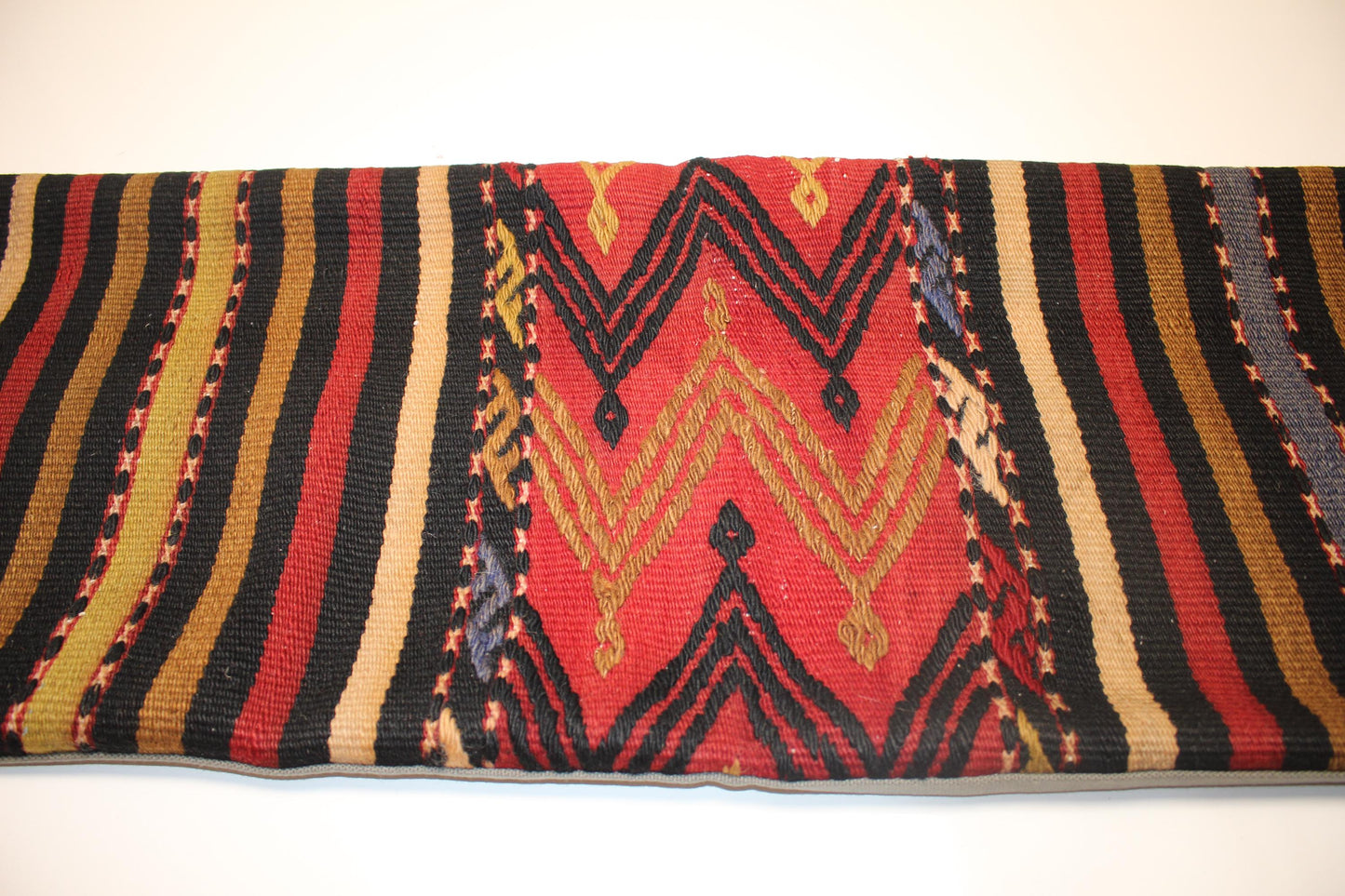 Vibrant Red Tribal Chevron & Stripe Wool Textile, Handmade Boho Rug