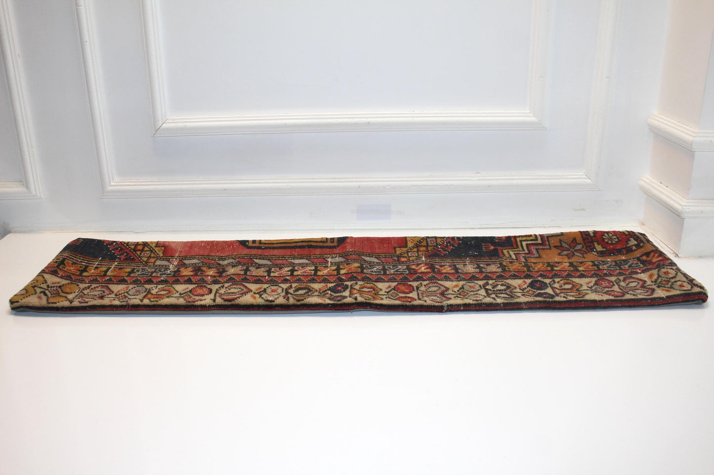 Burgundy & Navy Anatolian Floral Border Pattern, Handmade Wool Rug Textile