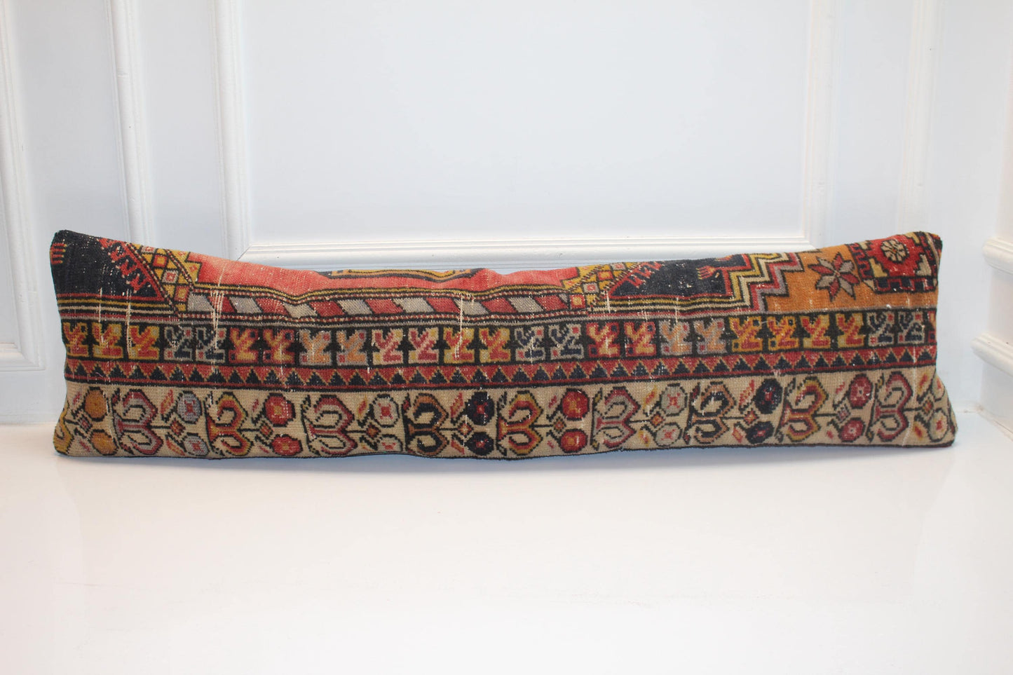 Burgundy & Navy Anatolian Floral Border Pattern, Handmade Wool Rug Textile
