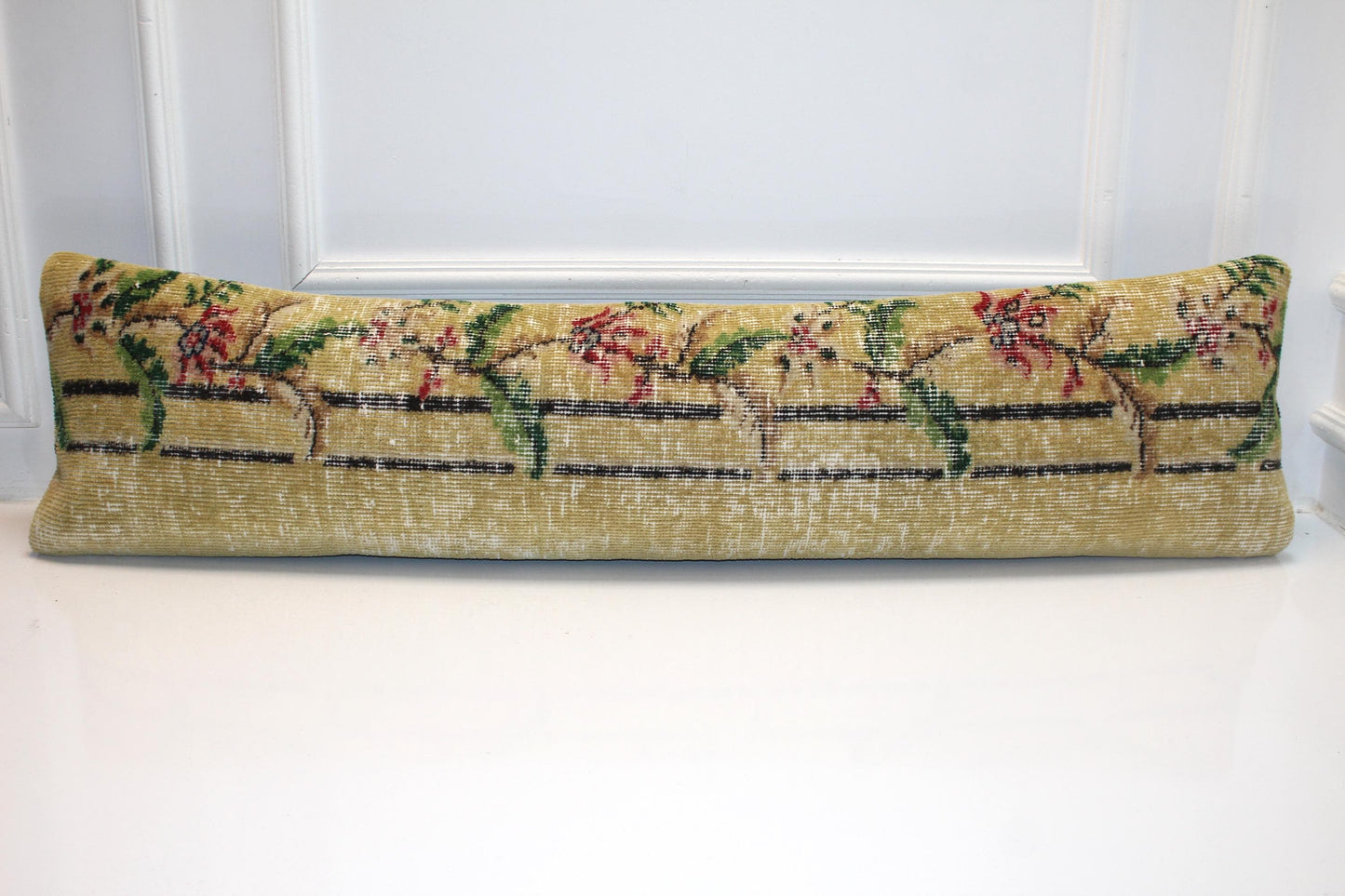 Soft Yellow Floral Vine Pattern with Pastel Accents, Handmade Wool Rug Textile