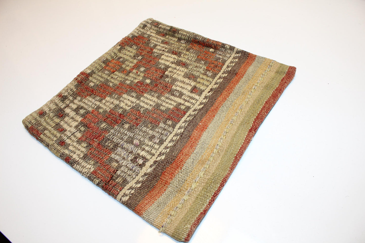 Earth Tone Kilim Pillow Cover – One-of-a-Kind Tribal Rug Cushion16x16 inch