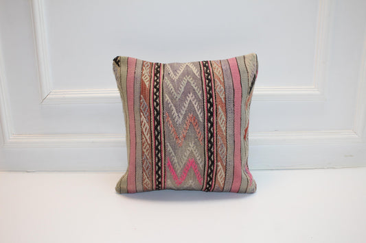 Soft Pink Kilim Pillow – Modern Tribal Weave 16x16 inch