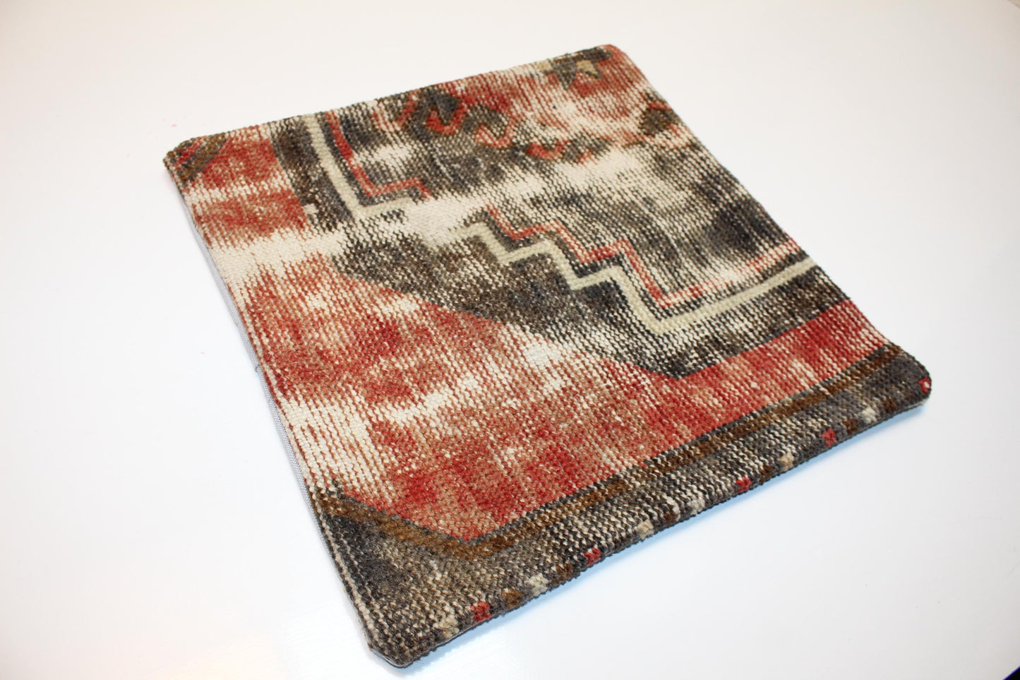 Rust & Ash Kilim Pillow – Abstract Tribal Blend16x16 inch
