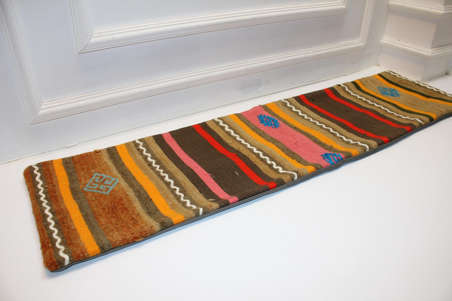 Earthy Striped Kilim Lumbar Pillow 12x48 – Handmade Look Boho Bench Cushion with Tribal Details
