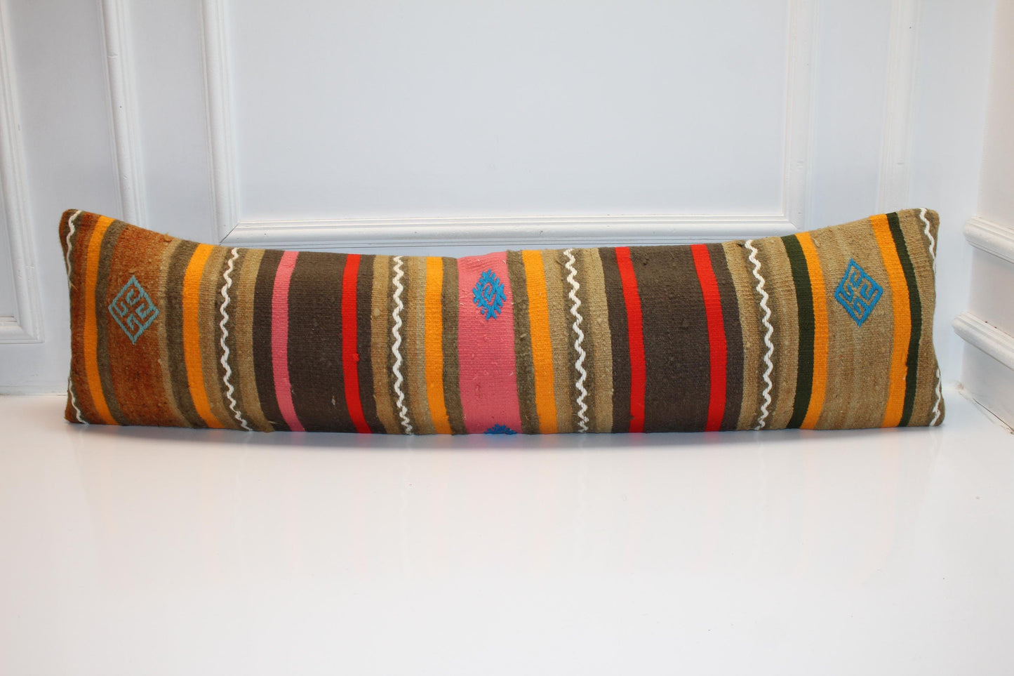 Earthy Striped Kilim Lumbar Pillow 12x48 – Handmade Look Boho Bench Cushion with Tribal Details