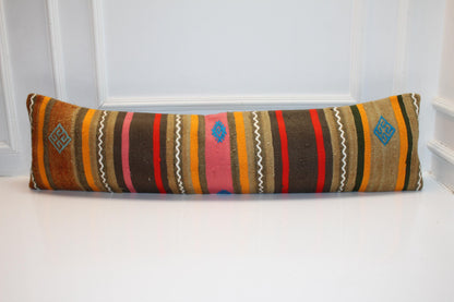 Earthy Striped Kilim Lumbar Pillow 12x48 – Handmade Look Boho Bench Cushion with Tribal Details