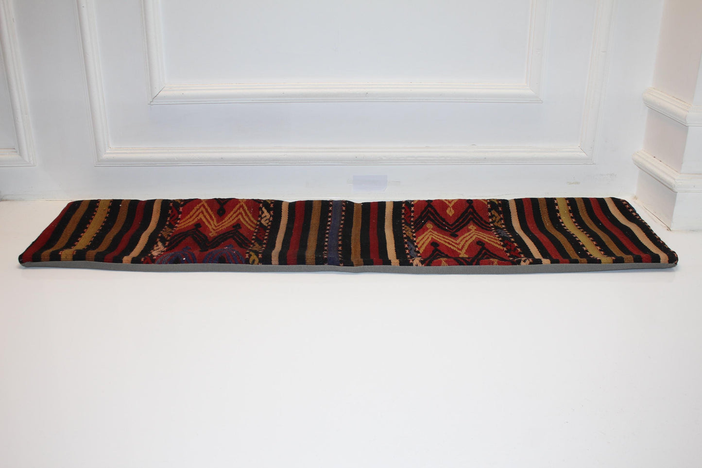 Anatolian Zigzag Kilim Lumbar Pillow 12x48, Handwoven Tribal Textile Cushion, Earth Tone Long Pillow for Sofa & Bench