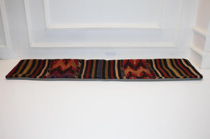 Anatolian Zigzag Kilim Lumbar Pillow 12x48, Handwoven Tribal Textile Cushion, Earth Tone Long Pillow for Sofa & Bench