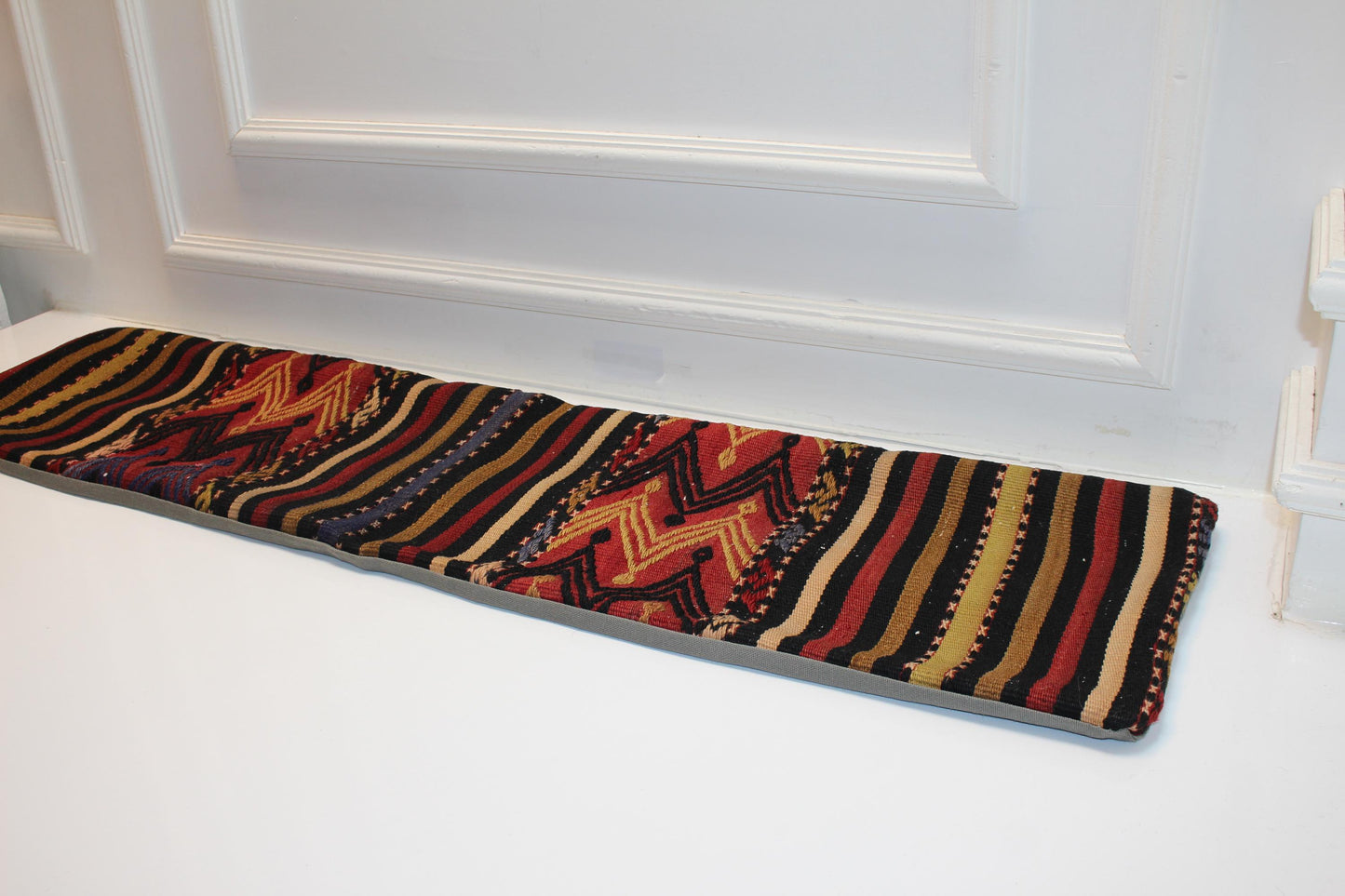 Anatolian Zigzag Kilim Lumbar Pillow 12x48, Handwoven Tribal Textile Cushion, Earth Tone Long Pillow for Sofa & Bench