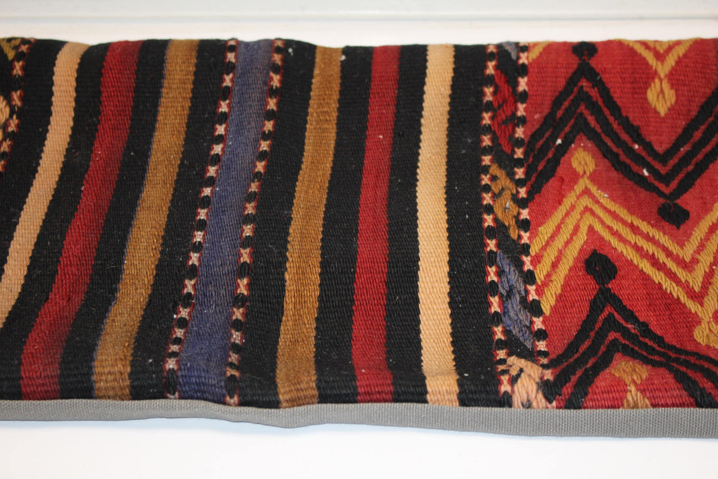 Anatolian Zigzag Kilim Lumbar Pillow 12x48, Handwoven Tribal Textile Cushion, Earth Tone Long Pillow for Sofa & Bench