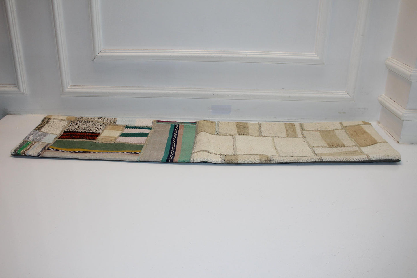 Neutral Patchwork Kilim Lumbar Pillow 12x48, Handwoven Textile Cushion, Soft Earth Tone Long Pillow for Modern Home