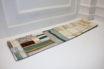 Neutral Patchwork Kilim Lumbar Pillow 12x48, Handwoven Textile Cushion, Soft Earth Tone Long Pillow for Modern Home