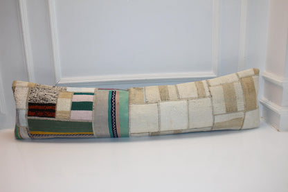 Neutral Patchwork Kilim Lumbar Pillow 12x48, Handwoven Textile Cushion, Soft Earth Tone Long Pillow for Modern Home