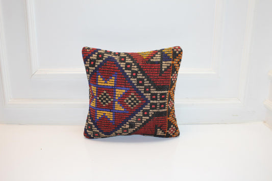Vintage Turkish Kilim Pillow Cover, Colorful Tribal Rug Cushion, Square Boho Pillow, Ethnic Geometric Home Decor (16x16 in)