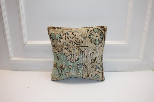 Vintage Turkish Kilim Pillow Cover, Sage Green Floral Rug Cushion, Square Boho Pillow, Soft Neutral Ethnic Home Decor (16x16 in)