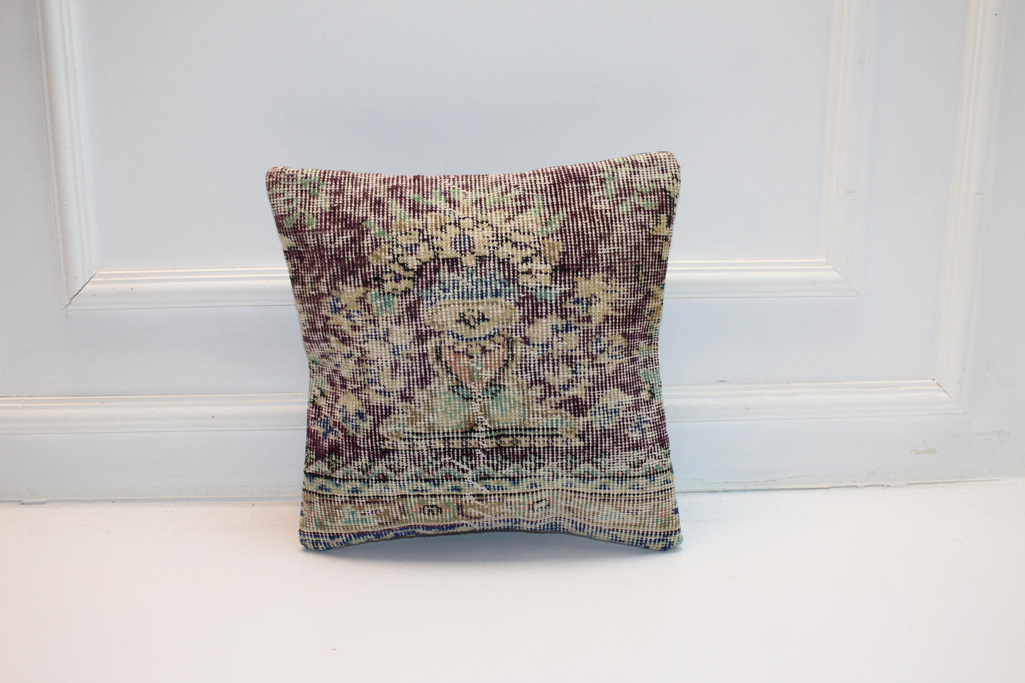 Antique Turkish Rug Pillow Cover, Faded Floral Textile Cushion, Square Boho Accent Pillow, Soft Patina Ethnic Decor (16x16 in)