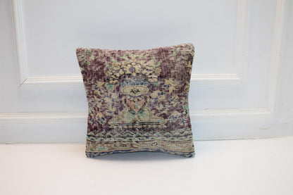 Antique Turkish Rug Pillow Cover, Faded Floral Textile Cushion, Square Boho Accent Pillow, Soft Patina Ethnic Decor (16x16 in)
