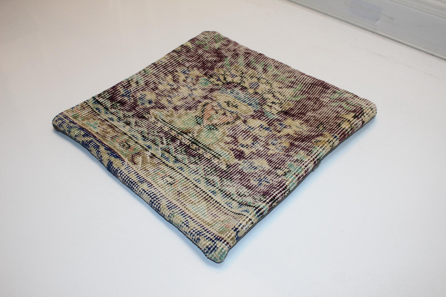 Antique Turkish Rug Pillow Cover, Faded Floral Textile Cushion, Square Boho Accent Pillow, Soft Patina Ethnic Decor (16x16 in)