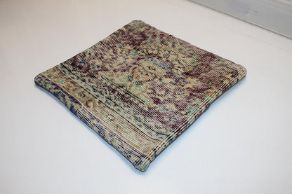 Antique Turkish Rug Pillow Cover, Faded Floral Textile Cushion, Square Boho Accent Pillow, Soft Patina Ethnic Decor (16x16 in)