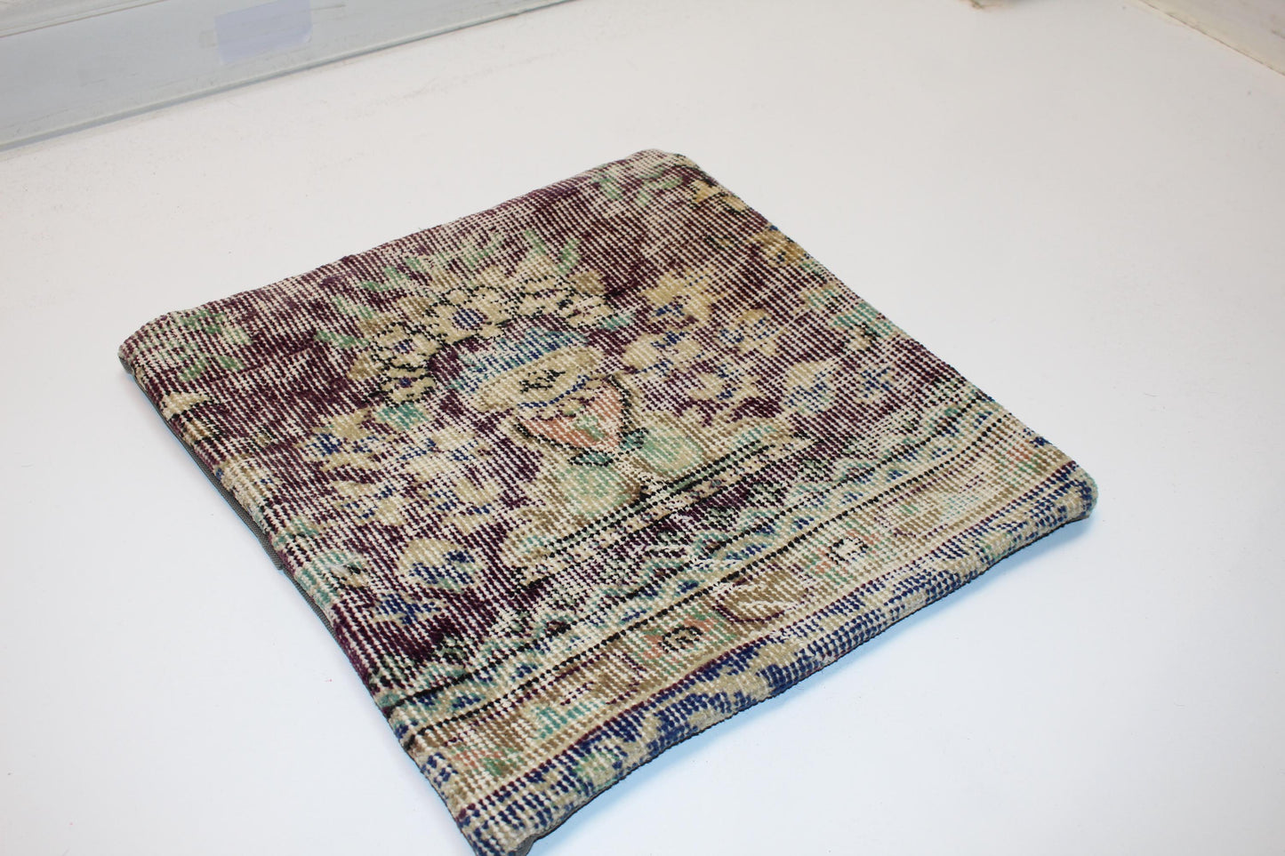 Antique Turkish Rug Pillow Cover, Faded Floral Textile Cushion, Square Boho Accent Pillow, Soft Patina Ethnic Decor (16x16 in)