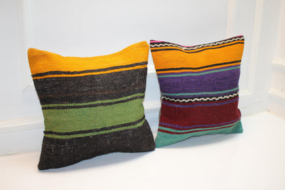 Set of 2 Handwoven Pillow Covers, Color Block Woven Cushions, Striped Boho Textile Pillows, Eclectic Home Decor (16x16 in)