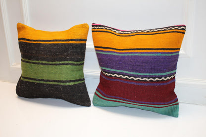 Set of 2 Handwoven Pillow Covers, Color Block Woven Cushions, Striped Boho Textile Pillows, Eclectic Home Decor (16x16 in)