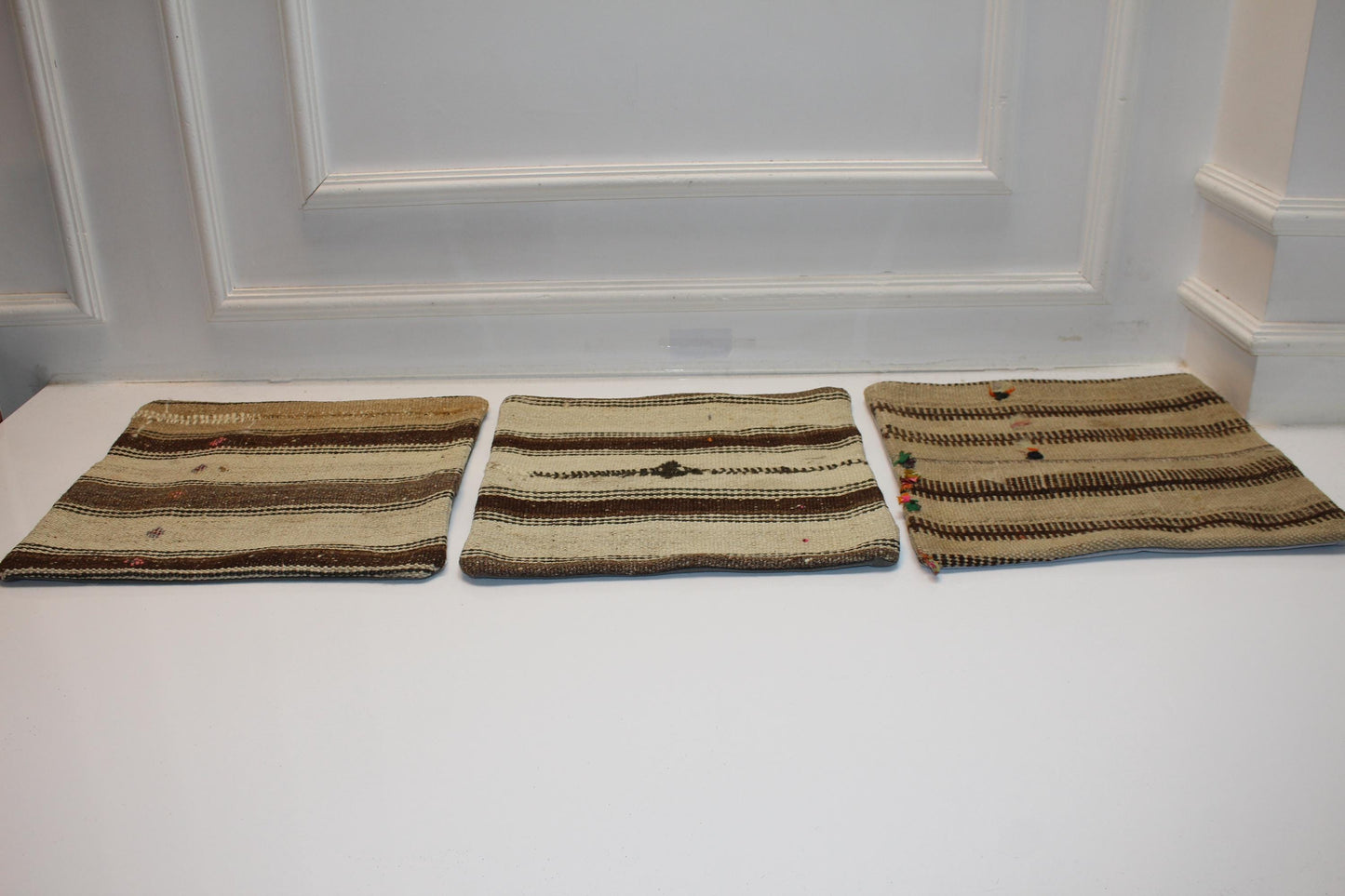 Set of 3 Woven Pillow Covers, Neutral Stripe Textile Cushions, Rustic Boho Accent Pillows, Natural Minimal Home Decor (16x16 in)