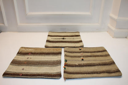 Set of 3 Woven Pillow Covers, Neutral Stripe Textile Cushions, Rustic Boho Accent Pillows, Natural Minimal Home Decor (16x16 in)