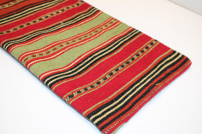 Vintage Turkish Lumbar Pillow – Red & Green Kilim Cushion Cover (12x36 in)