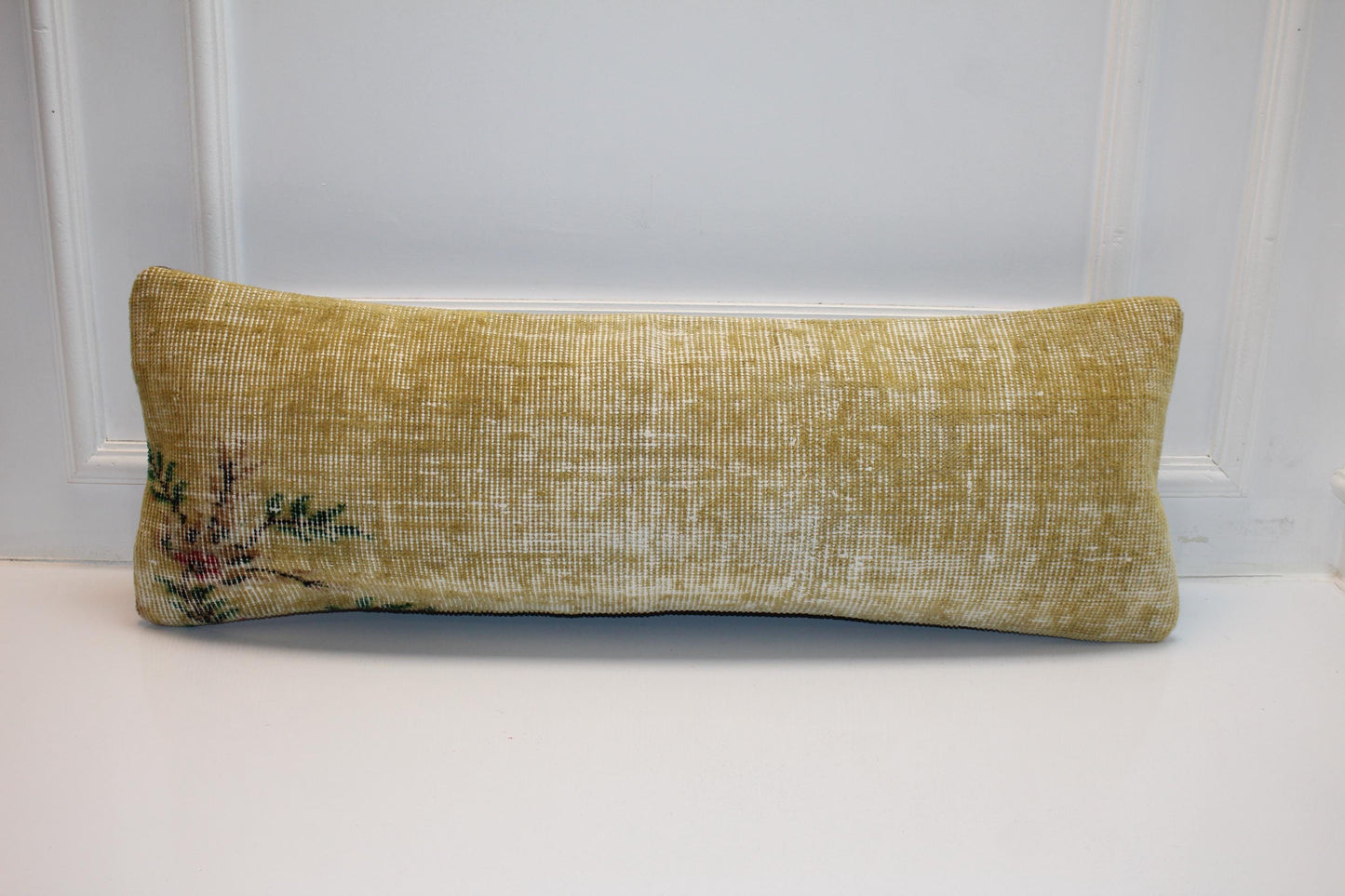 Handmade Faded Yellow Kilim Lumbar Pillow Cover, Vintage Rug Cushion (12x36 inch)