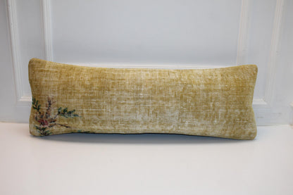 Handmade Faded Yellow Kilim Lumbar Pillow Cover, Vintage Rug Cushion (12x36 inch)